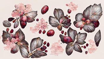 imprints blooming wild cherry, sakura, mix repeat seamless pattern. photo