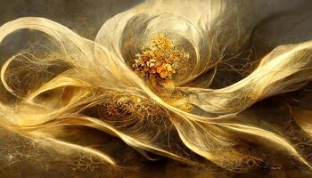 Awesome Abstract motion art with surreal golden flowers, inticate flow waves in gold colors. photo