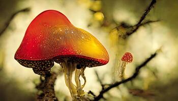 Excellent Amanita muscaria glowing red top mushroom releasing spores yellow forest. photo