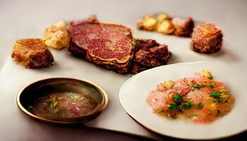 Meat dishes, Plates of various meat. photo