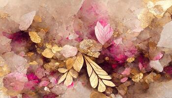 Abstract art watercolor orange flower and branches with gold drops for nature. photo