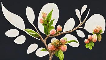 rama con primavera flores, realista Fruta árbol rama, detallado mano dibujado acortar Arte elemento. generativo ai foto