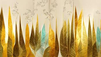 Abstract art background vector, Luxury minimal style wallpaper with golden line art flower. photo