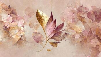 Abstract art watercolor orange flower and branches with gold drops for nature. photo
