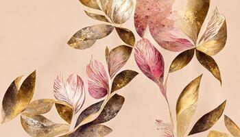 Autumn floral watercolor background in brown with leaf illustration. photo