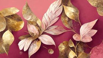 Abstract art watercolor orange flower and branches with gold drops for nature. photo