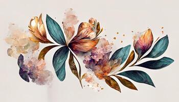 Abstract spring floral art background vector illustration. Watercolor botanical flower and gold brush line art. photo