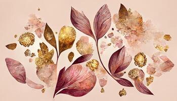 Surprising Abstract art botanical pink background vector, Luxury wallpaper with pink and earth tone watercolor. photo