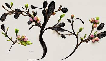 Wonderful Branch with spring flowers, Realistic fruit tree branch, Detailed hand drawn clip art element. photo