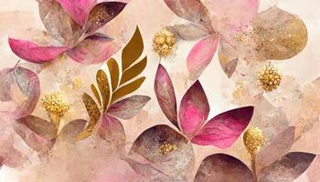 Abstract art watercolor orange flower and branches with gold drops for nature. photo