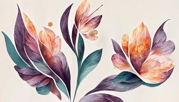 Abstract spring floral art background vector illustration. Watercolor botanical flower and gold brush line art. photo