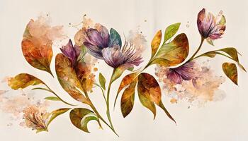 Flower watercolor art background vector, Wallpaper design with floral paint brush line art. photo