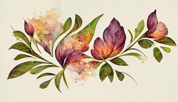 Abstract spring floral art background vector illustration. Watercolor botanical flower and gold brush line art. photo