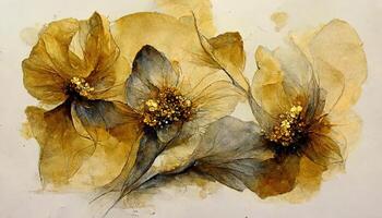 Elegant flowers with golden leaves and branches on a dark background. photo