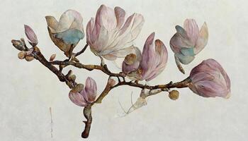 Magnolia flower on white background, closeup. Style floral collage in pastel color palette. photo