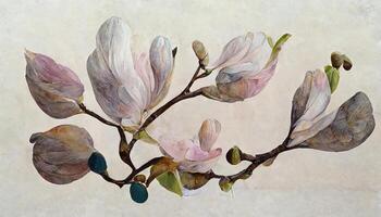 Magnolia branch with blossoming flower buds, modern minimalist art, Style floral collage in pastel color. photo