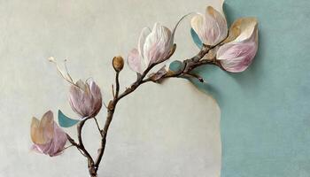 Set of magnolia branches with blooming flowers, modern minimalist art. photo