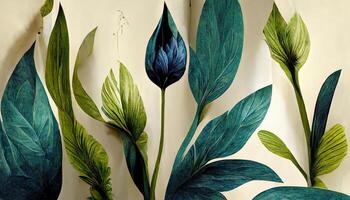 Wallpaper with Plants, leaves, and Flowers with bold elements. photo