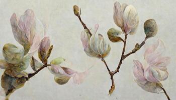 Set of magnolia branches with blooming flowers, modern minimalist art. photo