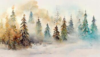 Watercolor abstract woodland, fir trees silhouette with ashes and splashes, winter background hand drawn illustration. photo