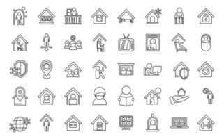 Self isolation icons set outline vector. Home work vector