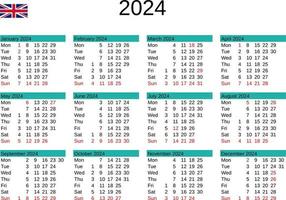 año 2024 calendario en Inglés con unido Reino Días festivos vector