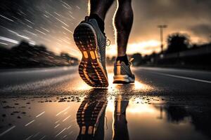 Photo behind legs of athlete running on the road trail in sunset training for marathons and fitness.