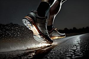 Photo behind legs of athlete running on the road trail in sunset training for marathons and fitness.