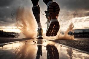 Photo behind legs of athlete running on the road trail in sunset training for marathons and fitness.