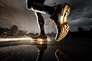 foto detrás piernas de atleta corriendo en el la carretera sendero en puesta de sol formación para maratones y aptitud física. ai generado