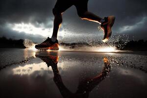 foto detrás piernas de atleta corriendo en el la carretera sendero en puesta de sol formación para maratones y aptitud física. ai generado