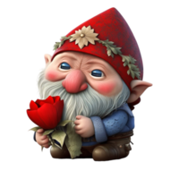 3d Cute Valentines Day Gnome With Love Rose Flowers png