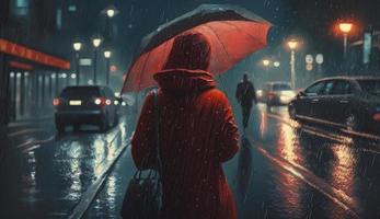 ilustración pintura de mujer rojo camisa con rojo paraguas cruce el calle, lluvioso noche, generar ai foto