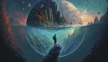under water a man on top of mountain looking at another new planet, Generate Ai photo