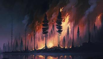 Wildfire, forest burning, 4k digital painting. Illustration of trees that burn. Wild flames raging trough the environment. Background, wallpaper. Red flames, Generate Ai photo