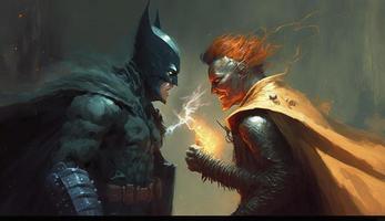 illustration painting of a confrontation between a hero and a villain set against, Generate Ai photo