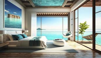 Bedroom and living area on pool deck and swimming pool with panorama sea view - Bedroom and swimming pool sea view and island view in hotel or resort - 3D Illustration, Generate Ai photo