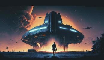 illustration painting of Sci-fi scene showing the spaceship abducting human at the night, digital art style, Generate Ai photo