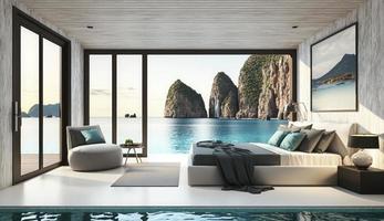 Bedroom and living area on pool deck and swimming pool with panorama sea view - Bedroom and swimming pool sea view and island view in hotel or resort - 3D Illustration, Generate Ai photo