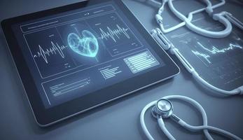 Close up of a stethoscope and digital tablet with virtual electronic medical record of patient on interface. Digital healthcare and network on modern virtual screen, Generate Ai photo