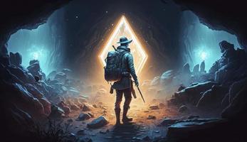 illustration painting of the explorer came to a spooky environment with diamonds, 3D illustration, Generate Ai photo