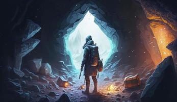 illustration painting of the explorer came to a spooky environment with diamonds, 3D illustration, Generate Ai photo