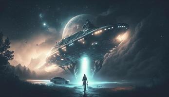 illustration painting of Sci-fi scene showing the spaceship abducting human at the night, digital art style, Generate Ai photo