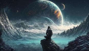 under water a man on top of mountain looking at another new planet, Generate Ai photo