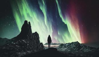 Northern lights and young woman on mountain peak at night. Aurora borealis, stones and silhouette of alone girl on mountain trail. Landscape with polar lights, Generate Ai photo