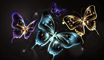 Night glowing butterflies on dark abstract background, Generate Ai photo