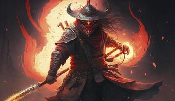 un samurai en un demoníaco rojo máscara en el campo de batalla hace un columpio con un katana creando un candente fuego anillo alrededor, él es un místico marcial. ilustración cuadro, generar ai foto