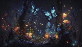 hada bosque a noche, fantasía brillante flores, mariposa y luces, generar ai foto