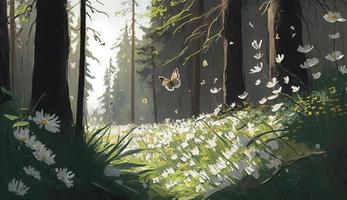 Forest glade with lots of white spring flowers and butterflies on a sunny day, Generate Ai photo