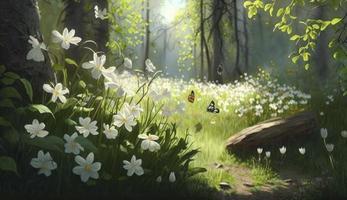 Forest glade with lots of white spring flowers and butterflies on a sunny day, Generate Ai photo